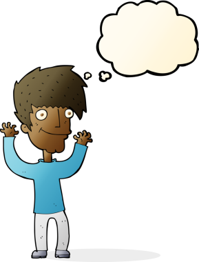 Bir insan tarafından çizilmiş düşünce baloncuğuyla kollarını sallayan çizgi film adamı.