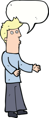 Bir insan tarafından çizilen konuşma baloncuğuyla açıklama yapan çizgi film adamı.