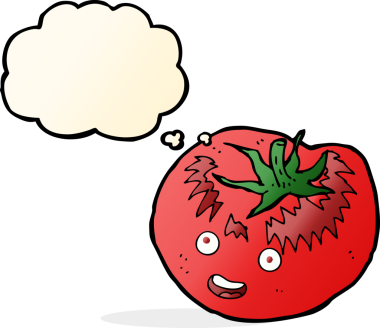 Bir insan tarafından çizilmiş düşünce baloncuklu domates.