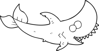 Bir insan tarafından çizilmiş siyah beyaz karikatür köpekbalığı.