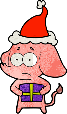 Bir insan tarafından çizilmiş Noel Baba şapkasıyla belirsiz bir filin el çizimi karikatürü.