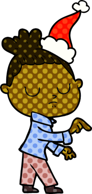 Bir insan tarafından çizilmiş Noel Baba şapkası giyen sakin bir kadının el çizimi çizgi roman çizimi.