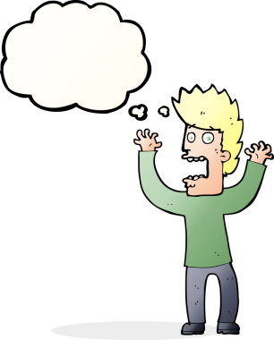 Bir insan tarafından çizilmiş düşünce baloncuğuyla dehşete düşmüş bir adam.