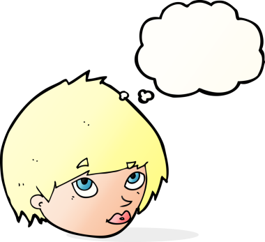 Bir insan tarafından çizilmiş düşünce baloncuğuyla yukarı bakan bir kadın yüzü.