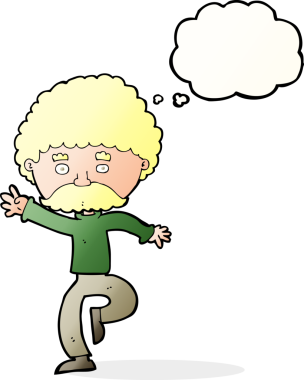 Çizgi filmdeki bıyıklı adam disko bir insan tarafından çizilmiş düşünce balonuyla dans ediyor.