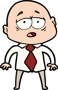 Bir insan tarafından çizilmiş tişörtlü ve kravatlı yorgun kel adam.