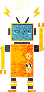 Bir insan tarafından çizilmiş arızalı bir robotun retro çizim tarzı karikatürü