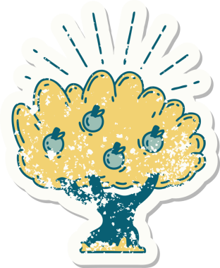 Bir insan tarafından çizilmiş dövme stili elma ağacının eski bir çıkartması.