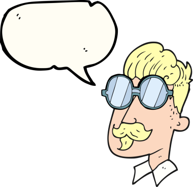 Bir insan tarafından çizilmiş bıyıklı ve gözlüklü serbest konuşma balonu karikatürü adam.