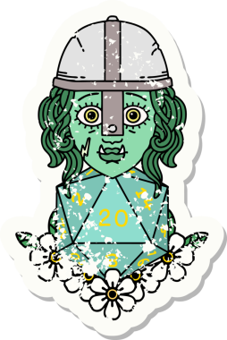 Bir insan tarafından çizilmiş 20 zarlı yarım ork savaşçı karakterinin grunge sticker 'ı.