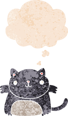 grunge 'da düşünce baloncuğu olan çizgi film kedisi bir insan tarafından çizilmiş dertli retro desenli