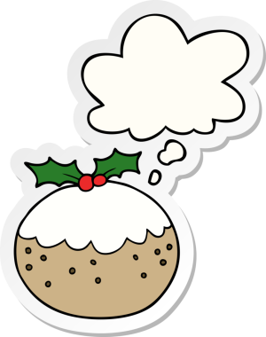 Düşünce baloncuklu noel pudingi insan tarafından çizilmiş bir çıkartma.