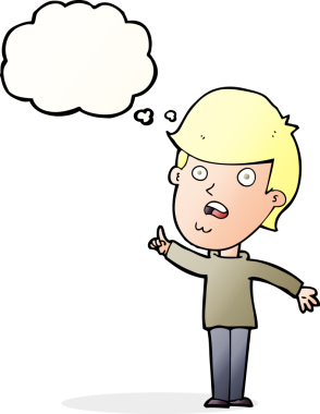 Çizgi filmci bir insan tarafından çizilmiş düşünce baloncuğuyla soru soruyor.