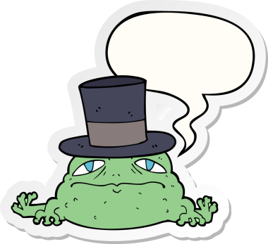 Bir insan tarafından çizilmiş konuşma balonu çıkartmalı zengin kurbağa çizgi filmi.