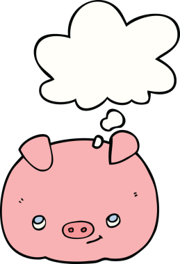 Bir insan tarafından çizilmiş düşünce baloncuklu mutlu domuz.