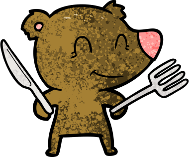 Bir insan tarafından çizilmiş çatal ve bıçakla gülümseyen ayı çizgi filmi