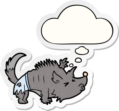 Düşünce baloncuğu insan tarafından çizilmiş bir çıkartma olan karikatür kurt adam.