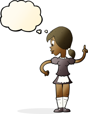 Bir insan tarafından çizilmiş düşünce balonuyla sipariş veren çizgi film garsonu.