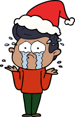 Bir insan tarafından çizilmiş Noel Baba şapkası giymiş ağlayan bir adamın el çizimi.