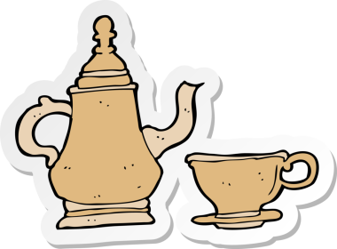 Bir insan tarafından çizilmiş kahve demliği ve fincanın çıkartması.