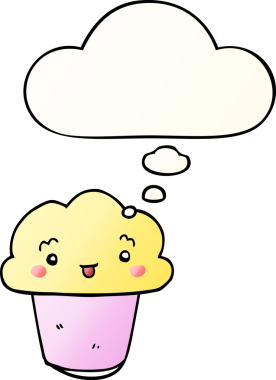 Yüzünde düşünce kabarcığı olan, bir insan tarafından çizilmiş karikatürlü kek.