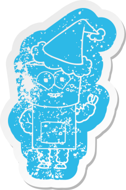 Mutlu çizgi film sıkıntılı bir robot el sallıyor ve Noel Baba şapkası takıyor.