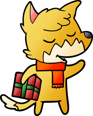 Bir insan tarafından çizilmiş Noel hediyesi olan dost canlısı çizgi film tilkisi.