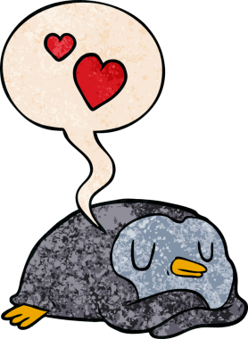 Karikatür penguenleri, aşk dolu kalpler ve insan tarafından çizilmiş eski tarz konuşma baloncukları.