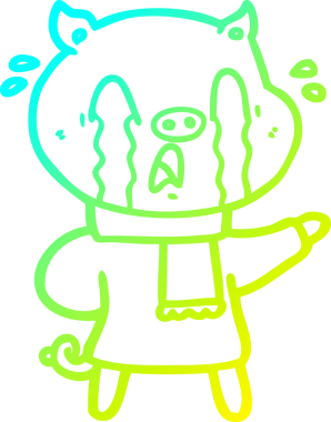 Bir insan tarafından çizilmiş insan kıyafetleri içinde ağlayan bir domuz çizgi filmi.