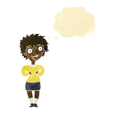 Bir insan tarafından çizilmiş düşünce baloncuğu olan heyecanlı bir kadın.