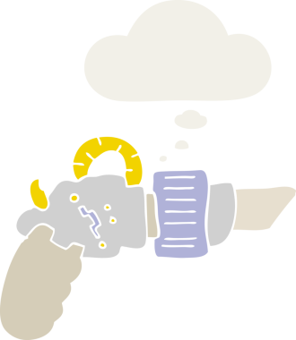 Düşünce baloncuklu çizgi film ışın tabancası insan tarafından çizilmiş.