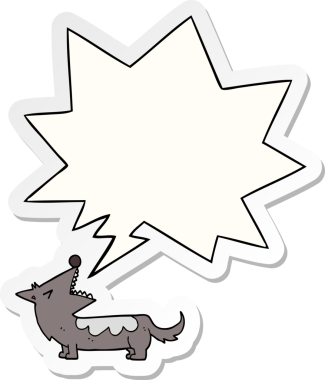 Bir insan tarafından çizilmiş konuşma balonu çıkartmalı çizgi film köpeği.