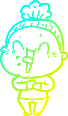 Bir insan tarafından çizilmiş, mutlu, yaşlı bir kadının çizimi.