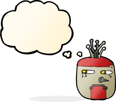 Bir insan tarafından çizilmiş düşünce baloncuklu robot kafası.