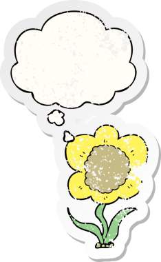 Düşünce baloncuğu olan karikatür çiçeği insan tarafından çizilmiş yıpranmış bir çıkartma gibi.