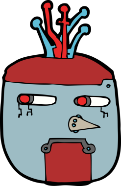 Bir insan tarafından çizilmiş altın renkli robot kafası.