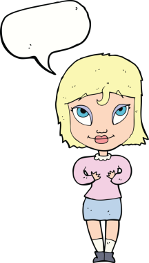 Bir insan tarafından çizilmiş bir konuşma balonuyla kendine el kol hareketi yapan bir karikatür kadını.