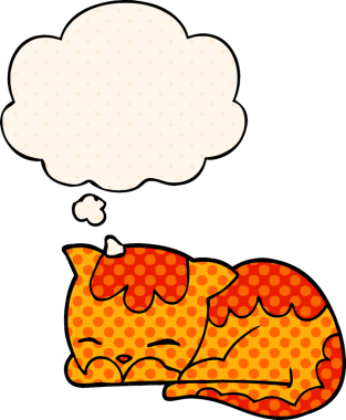 Çizgi roman tarzında bir insan tarafından çizilmiş düşünce balonuyla uyuyan çizgi film kedisi.