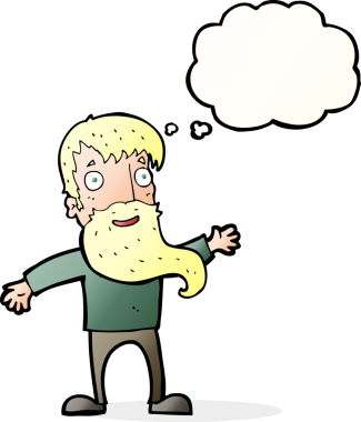 Bir insan tarafından çizilmiş düşünce baloncuğuyla sakallı bir çizgi film adamı.