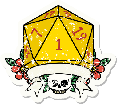 Bir insan tarafından çizilmiş doğal bir d20 zarının grunge çıkartması.