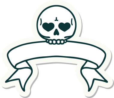 Bir insan tarafından çizilmiş kafatasının pankartıyla dövme stili etiketi