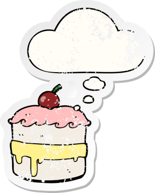 Düşünce baloncuğu olan çizgi film pastası, bir insan tarafından çizilmiş yıpranmış bir çıkartma gibi.