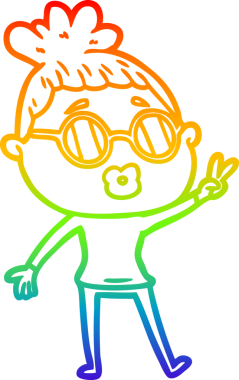 Gökkuşağı gradyan çizgi çizimi bir insan tarafından çizilmiş barış işareti yapan bir kadın.