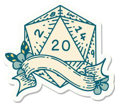 Bir insan tarafından çizilmiş 20 D20 zarının çıkartması.