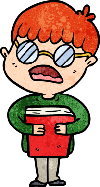 Çizgi filmci çocuk, bir insan tarafından çizilmiş gözlük takarak kitabı kucaklıyor.