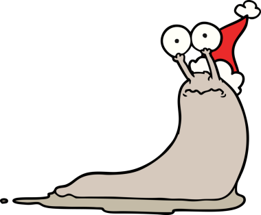 Bir insan tarafından çizilmiş Noel Baba şapkası giyen bir sümüklüböceğin el çizimi.