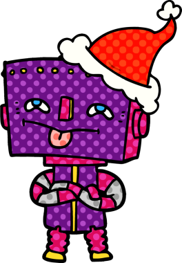 Bir insan tarafından çizilmiş Noel Baba şapkası giyen bir robotun el çizimi çizgi roman tarzı çizimi.
