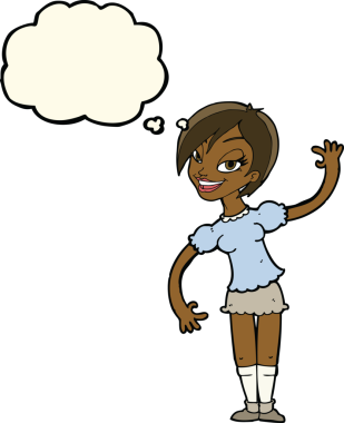 Bir insan tarafından çizilmiş düşünce baloncuğuyla el sallayan çizgi film kızı.