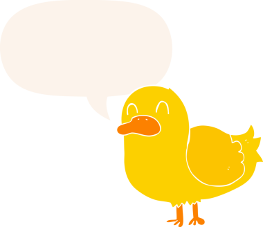 Bir insan tarafından çizilmiş, konuşma baloncuklu çizgi film ördeği.