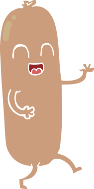 Bir insan tarafından çizilmiş düz renkli çizgi film dans sosisi.